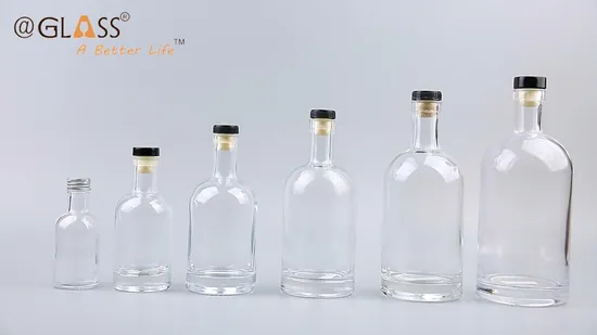 Großhandel 100 ml/200 ml/375 ml/500 ml/700 ml/750 ml/1L Glas-Spirituosenflasche, nordische runde leere Glasflaschen mit Holzkorken